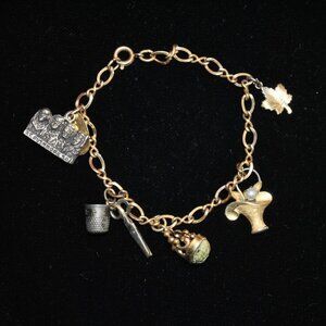 Vintage JC&Co Gold-filled Sterling Charm Bracelet Scarab Fob Sewing Mt. Rushmore